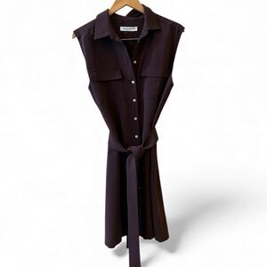 Amanda Prichard Shift Dress Sz XL Button Down Sash Belt Pockets Brown Sleveless